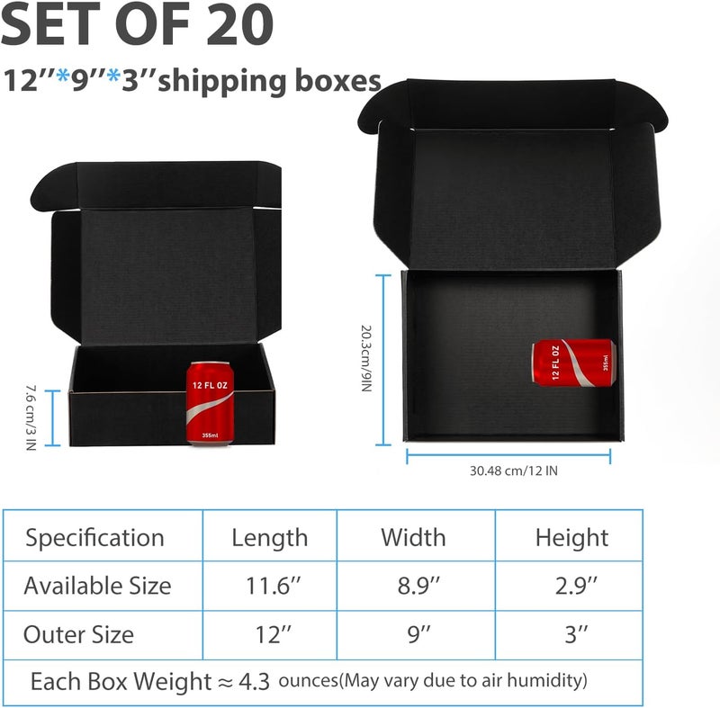 DUZCLI Small Shipping Boxes 12x9x3 Inches – Black Corrugated Cardboard Boxes (20-Pack) for Mailing, Packing, Small Business & Gift Packaging - Recyclable & Sturdy - Image 2